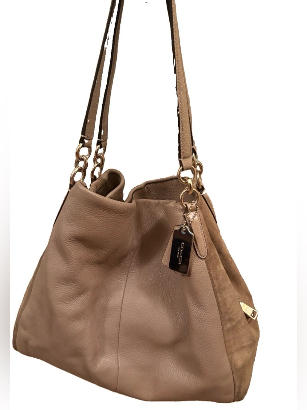 Coach Taupe Leather & Suede Shoulder Bag with Gold Hardware Edie 42